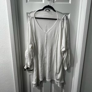 Solid Asymmetrical Hem Cuffed Sleeve Rib Knit T-shirt